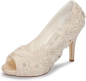Emily Bridal Wedding Shoes Lace Wedding Shoes Ivory Lace Peep Toe High Heel Bridal Shoes