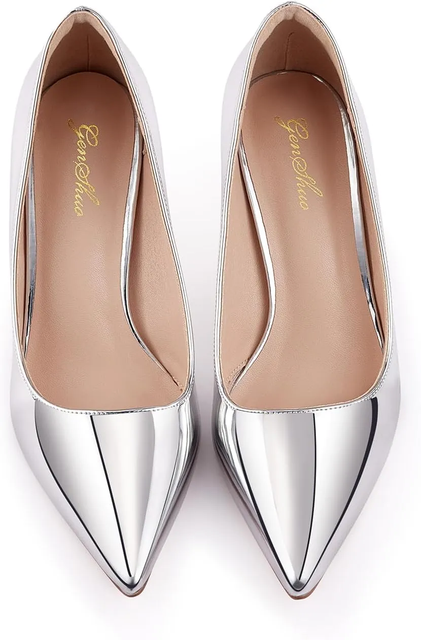 GENSHUO Low Heel Pumps for Women Closed Toe Slip On Stillettos Heels Dress Shoes