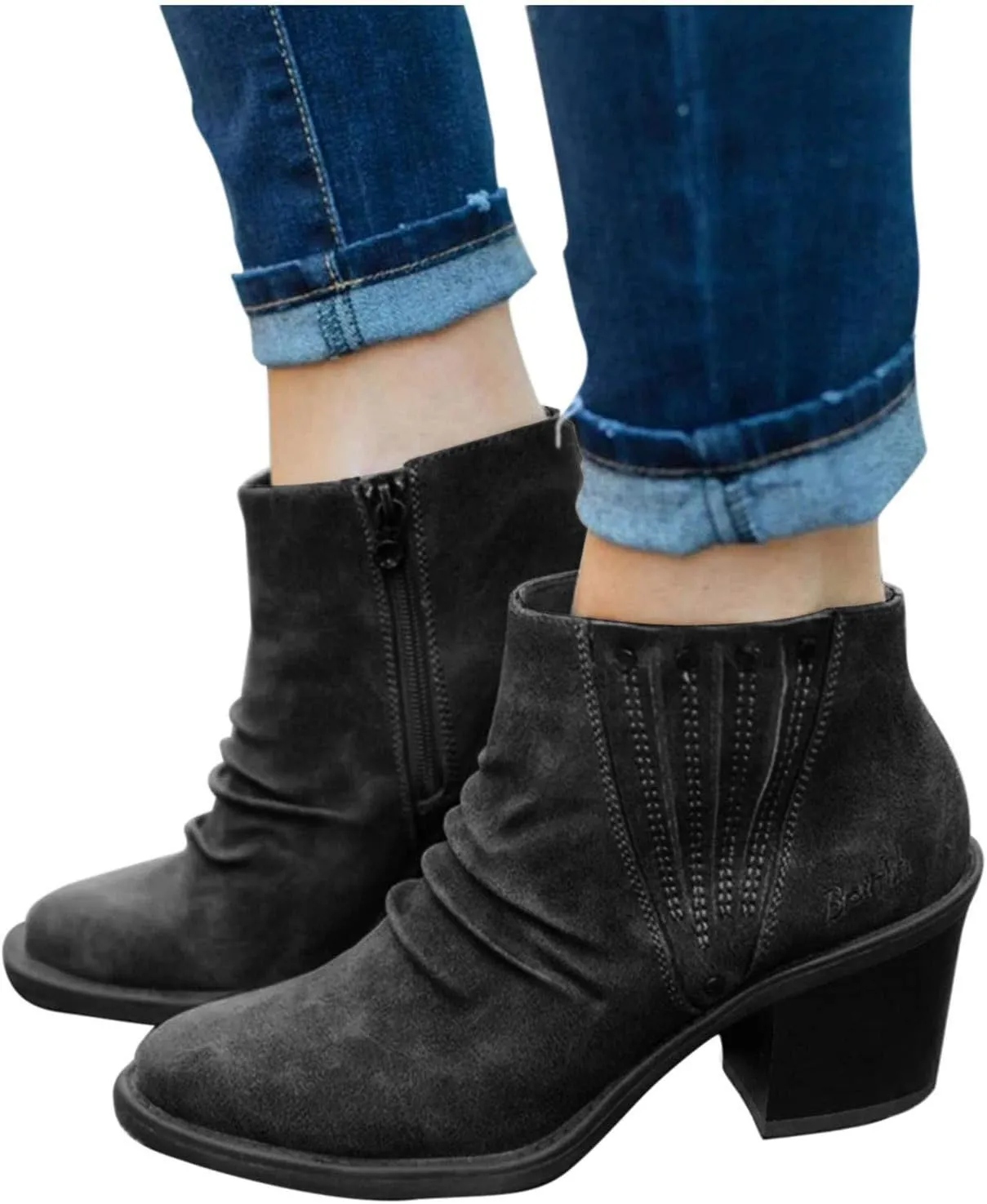 Gibobby Ankle Booties for Women Low Heel,Western Fringe Chunky Pointy Toe Boots Tassel Stacked Heel Suede Ankle Boots