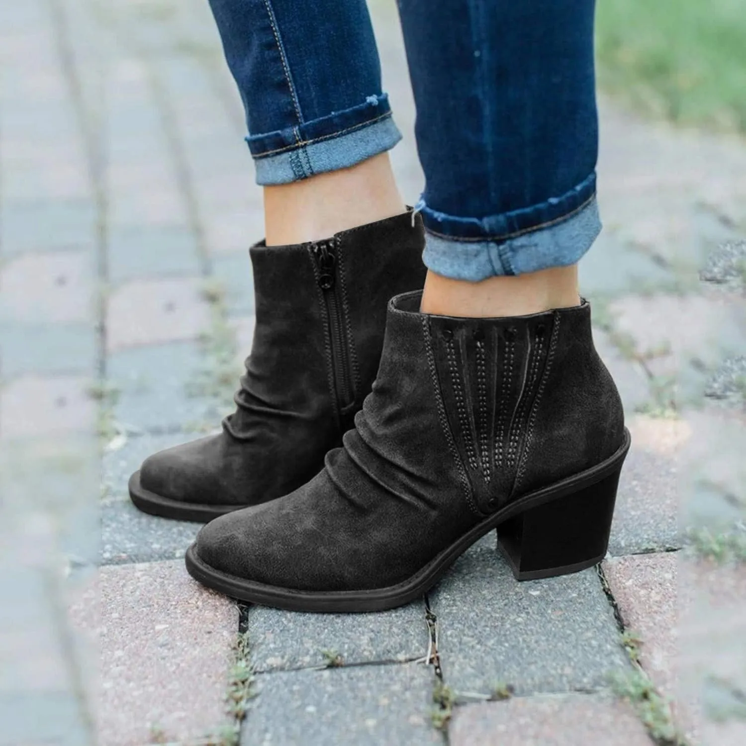Gibobby Ankle Booties for Women Low Heel,Western Fringe Chunky Pointy Toe Boots Tassel Stacked Heel Suede Ankle Boots
