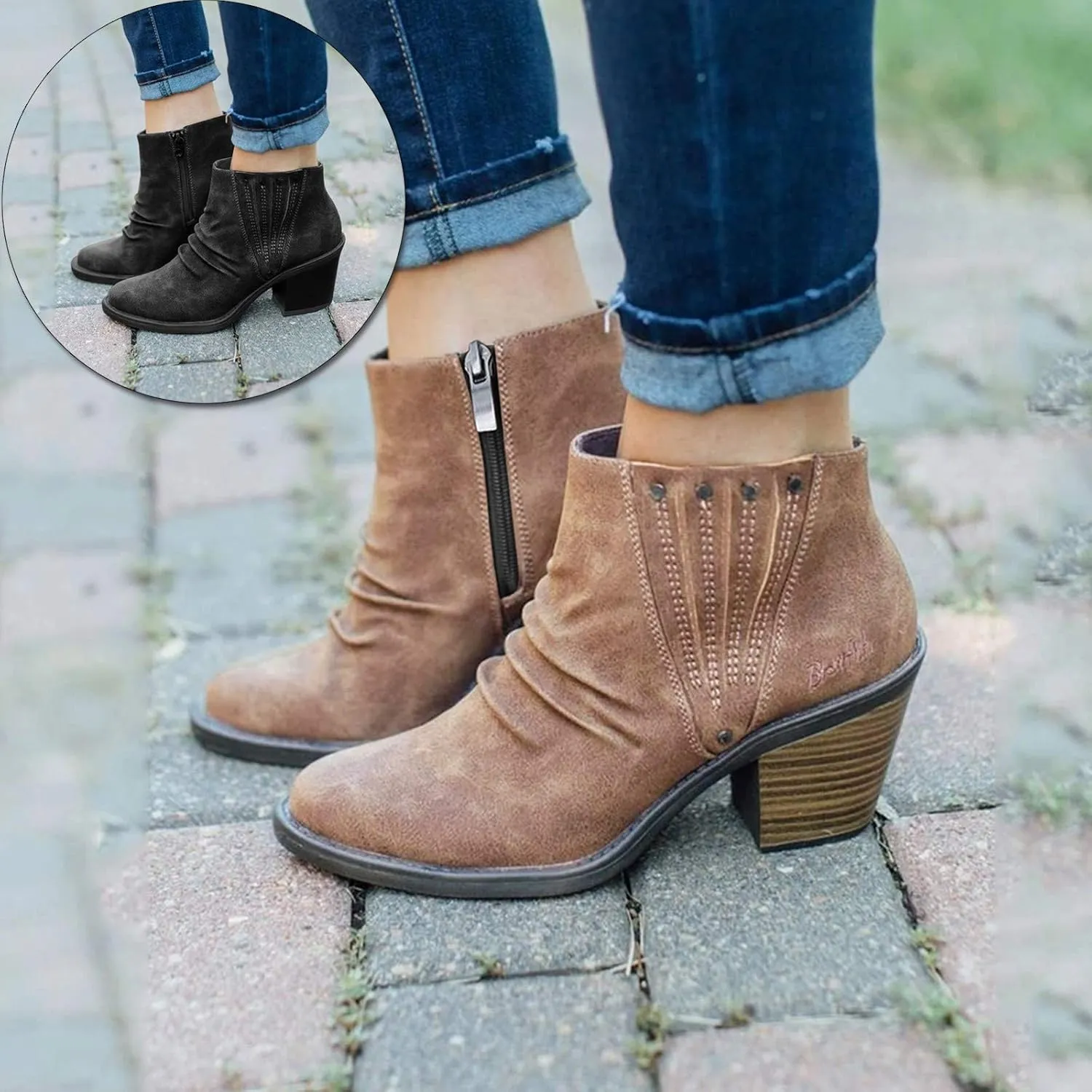 Gibobby Boots for Women Low Heel,Retro Zipper Short Warm Boots Closed Toe Low Heel Combat Western Shoes