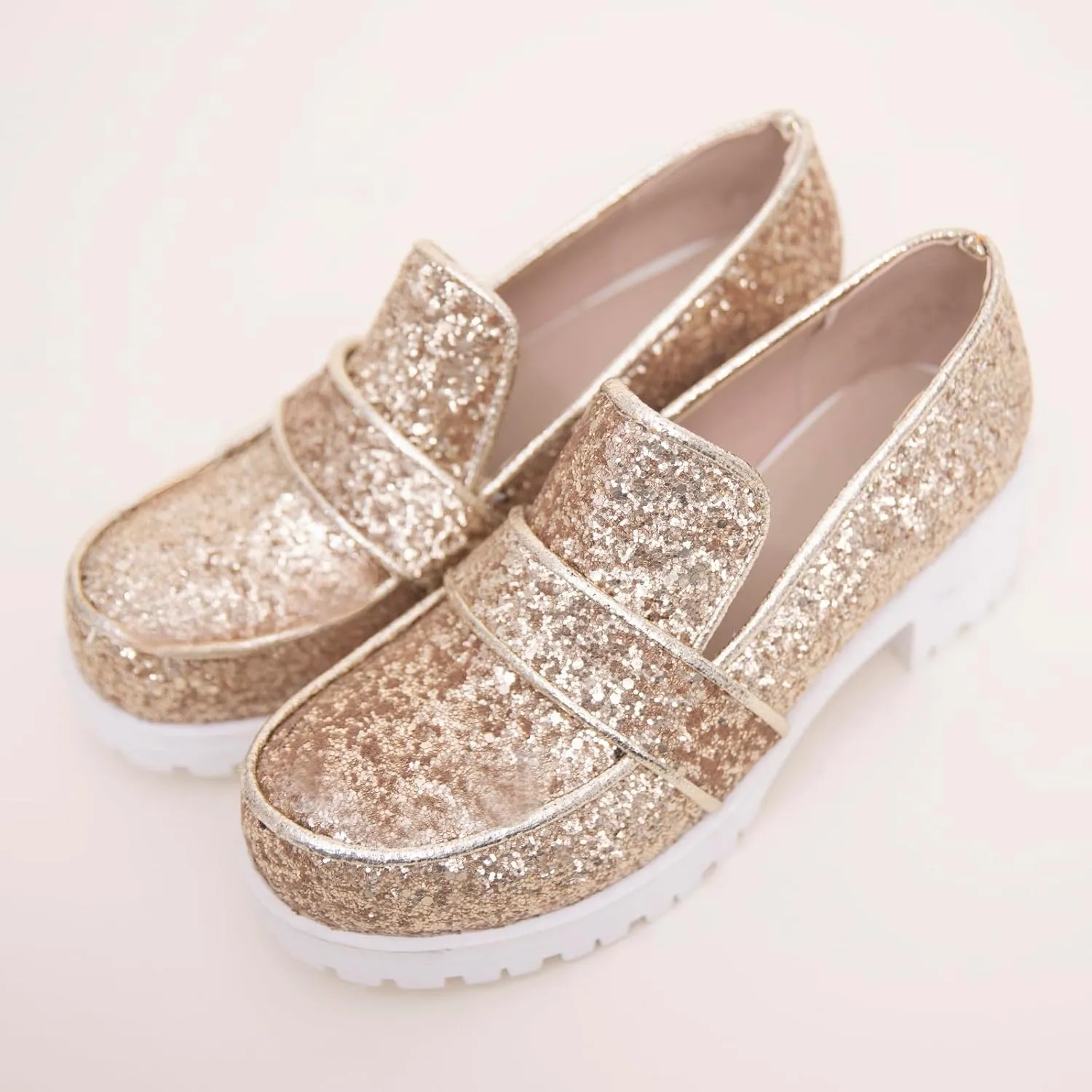 Gicoiz Wedding Loafers Womens Sequins Round Toe Court Shoes