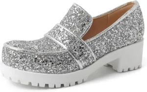 Gicoiz Wedding Loafers Womens Sequins Round Toe Court Shoes