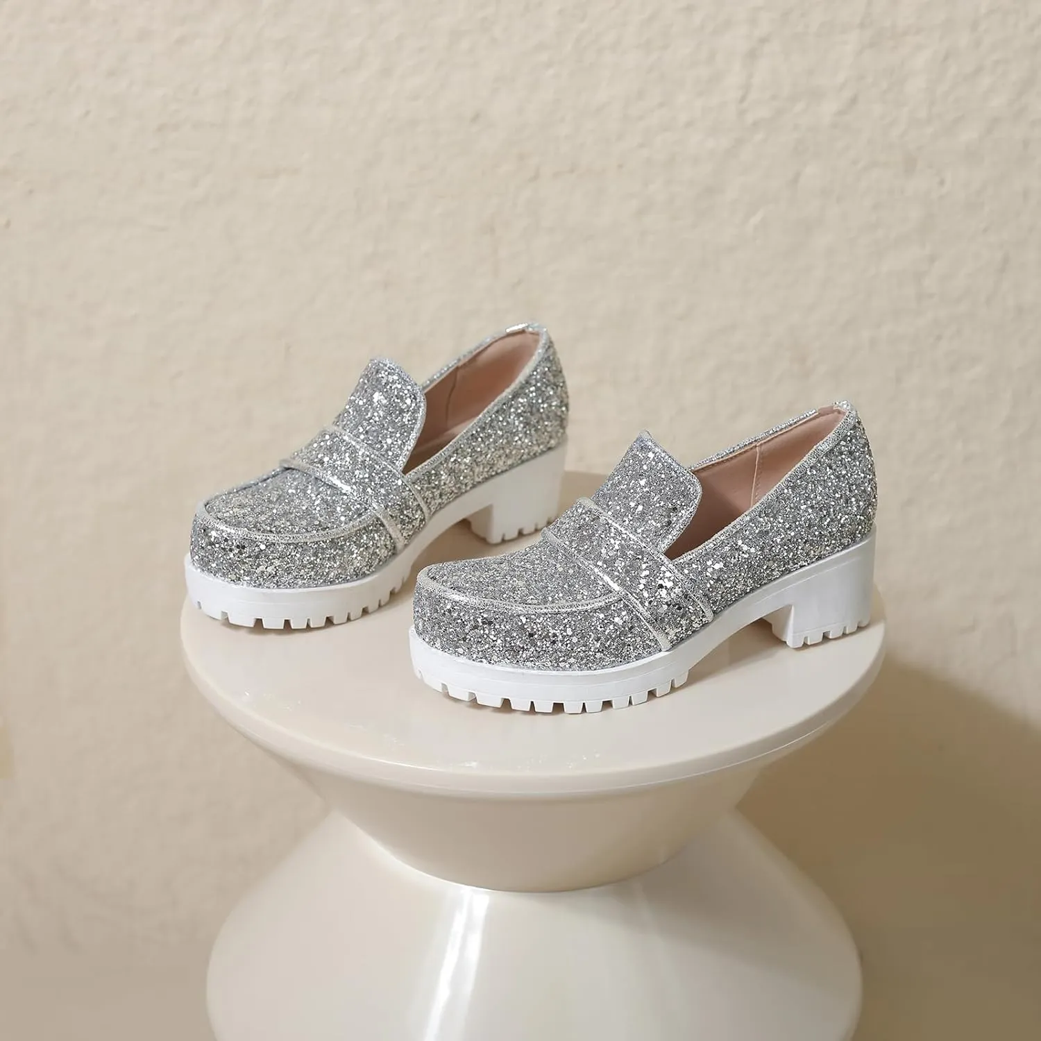 Gicoiz Wedding Loafers Womens Sequins Round Toe Court Shoes