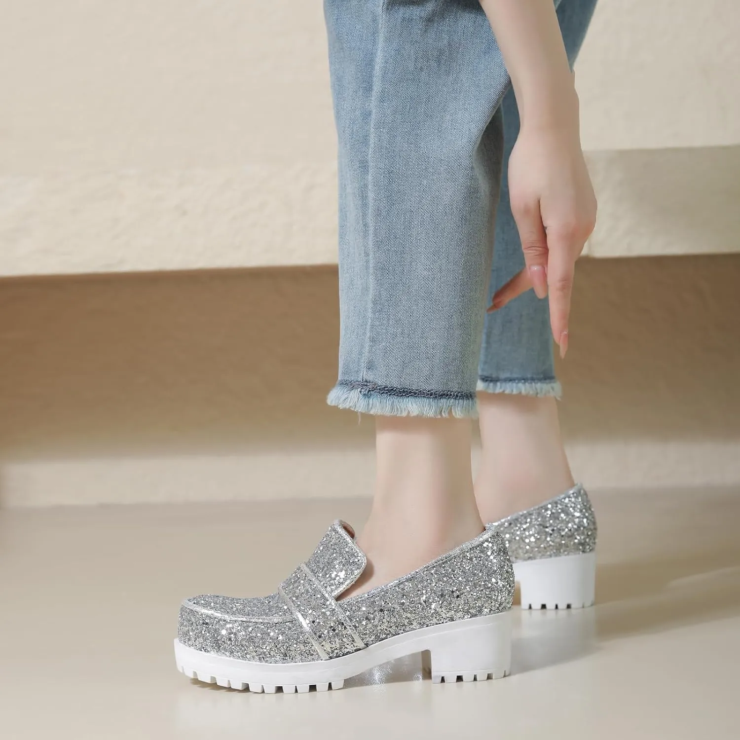 Gicoiz Wedding Loafers Womens Sequins Round Toe Court Shoes