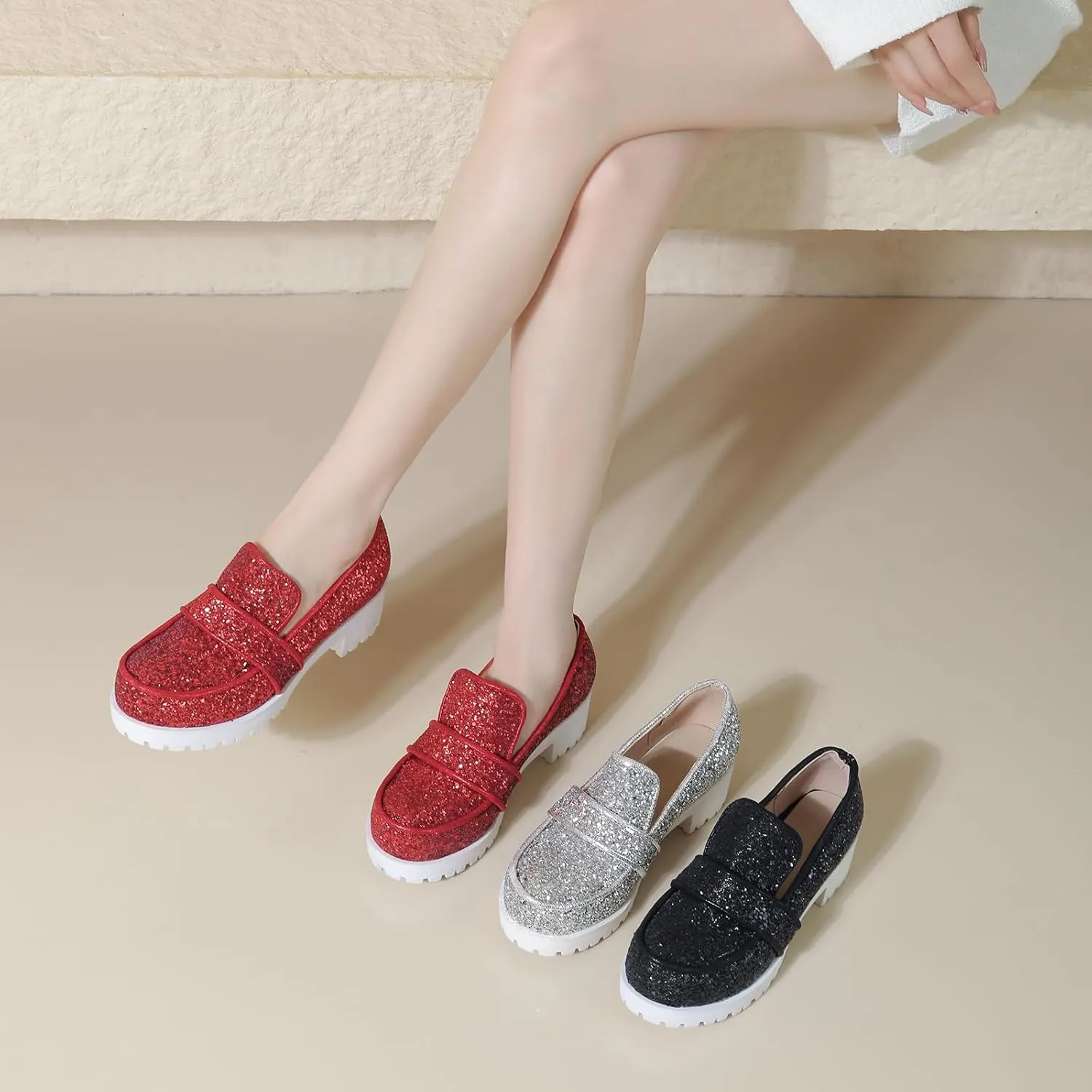 Gicoiz Wedding Loafers Womens Sequins Round Toe Court Shoes