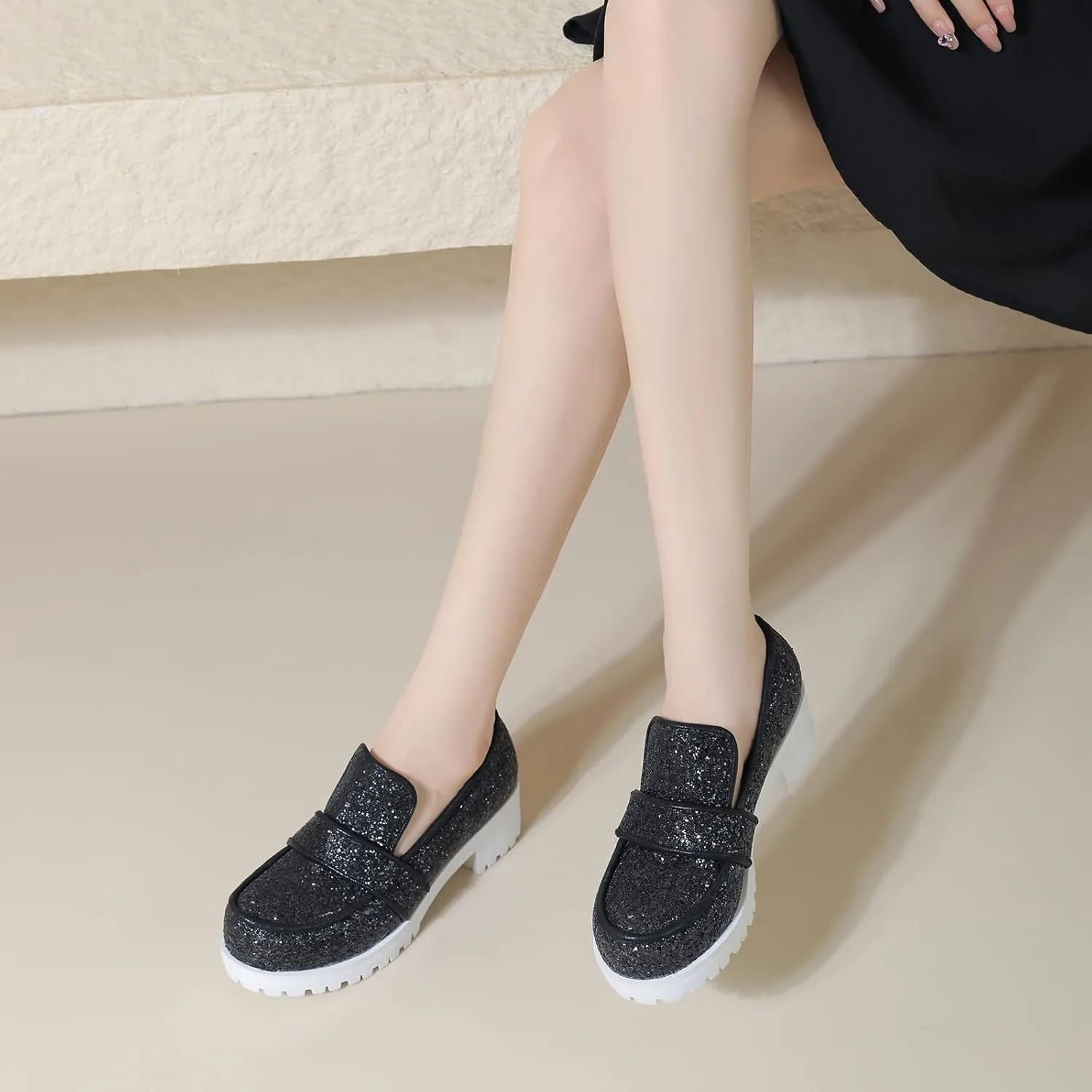 Gicoiz Wedding Loafers Womens Sequins Round Toe Court Shoes