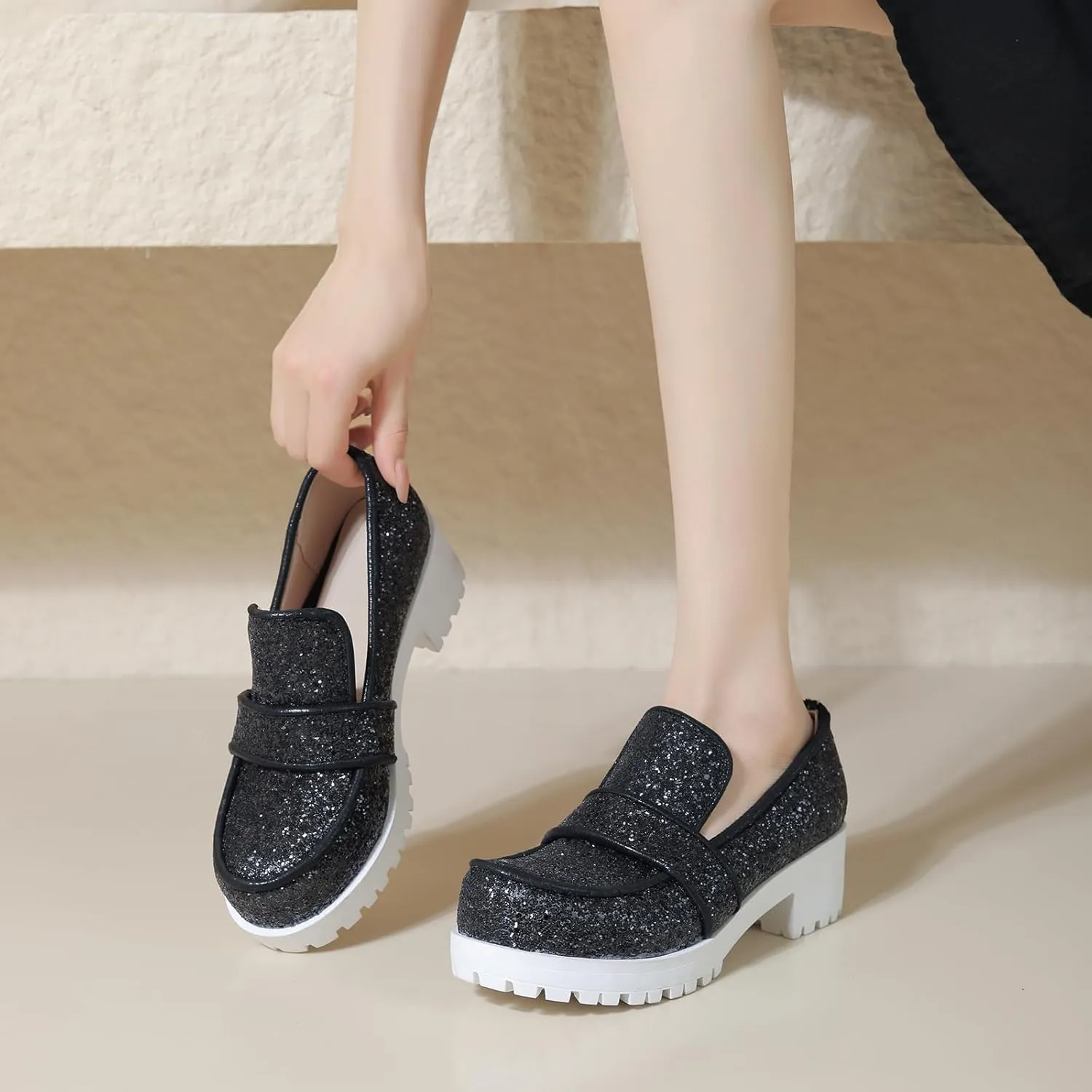 Gicoiz Wedding Loafers Womens Sequins Round Toe Court Shoes