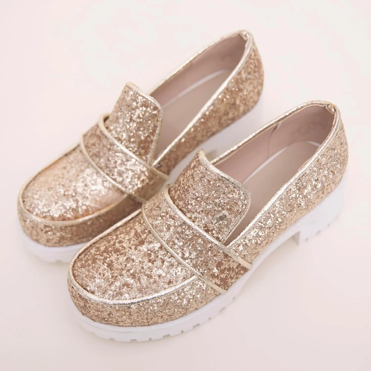 Gicoiz Wedding Loafers Womens Sequins Round Toe Court Shoes