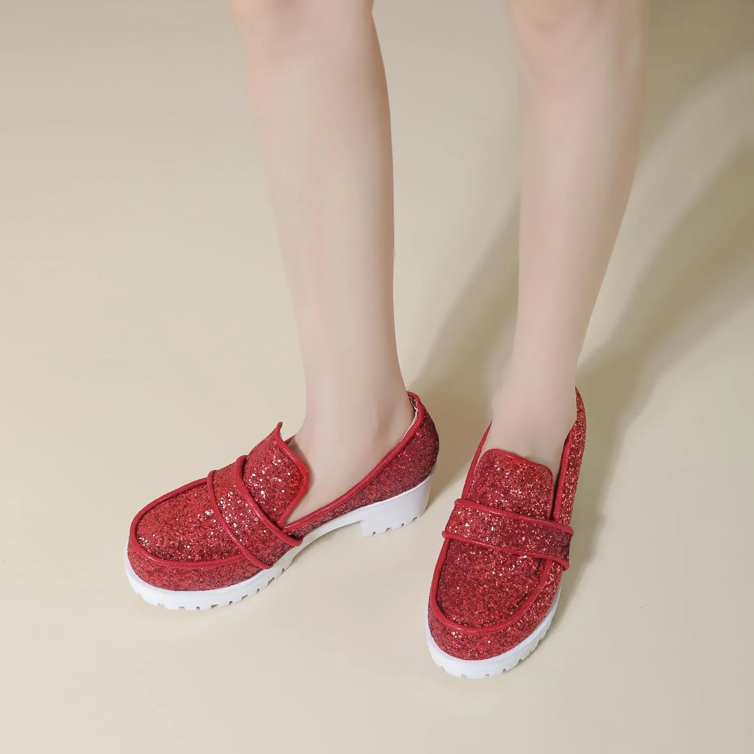 Gicoiz Wedding Loafers Womens Sequins Round Toe Court Shoes