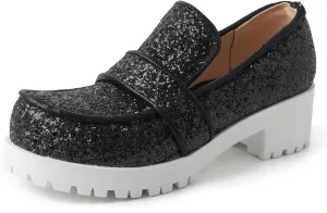 Gicoiz Wedding Loafers Womens Sequins Round Toe Court Shoes