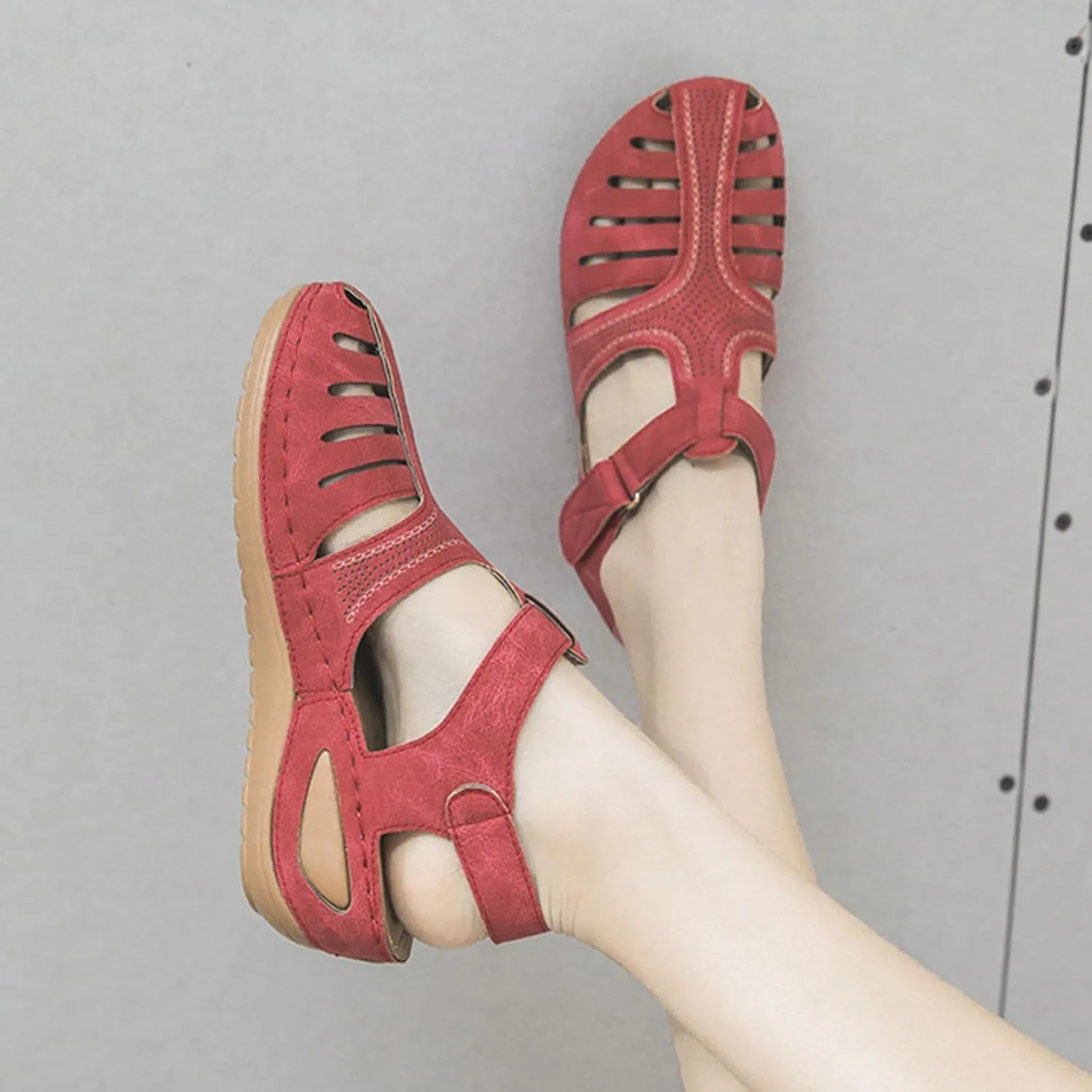 Gladiator Sandals for Women Orthopedic Closed Toe Non Slip Wedge Sandals Breathable Hollow Out Hook and Loop Fastener Slides Sandal Soft Cushion Wedge Walking Shoes