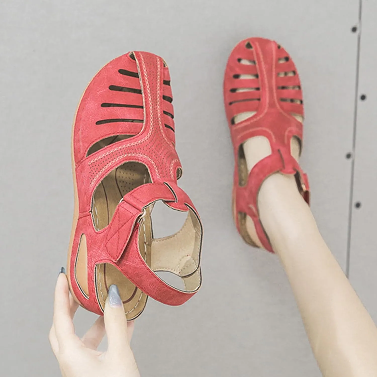 Gladiator Sandals for Women Orthopedic Closed Toe Non Slip Wedge Sandals Breathable Hollow Out Hook and Loop Fastener Slides Sandal Soft Cushion Wedge Walking Shoes