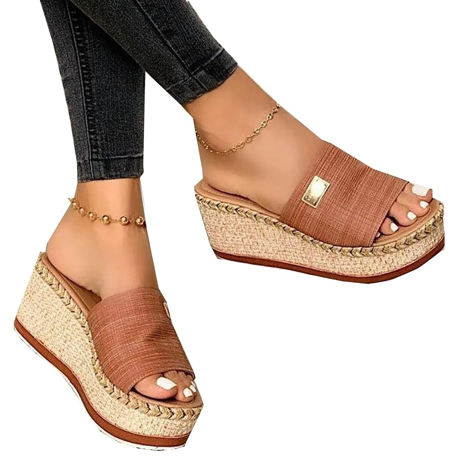 HINDOLA Womens Platform Wedge Sandals Open Toe Slip on Slide Backless Sandal Shoes Summer Espadrille Slippers Sandals