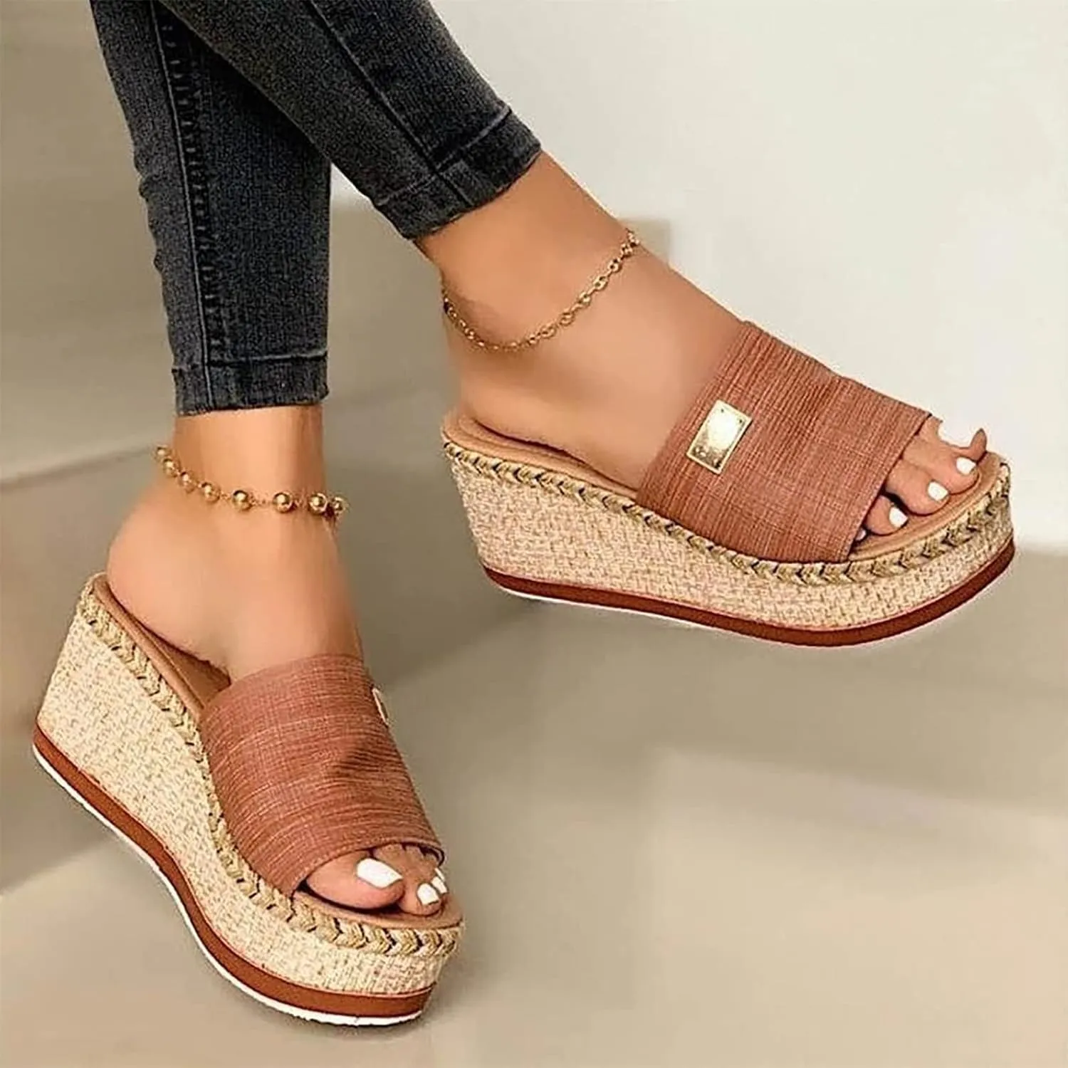 HINDOLA Womens Platform Wedge Sandals Open Toe Slip on Slide Backless Sandal Shoes Summer Espadrille Slippers Sandals