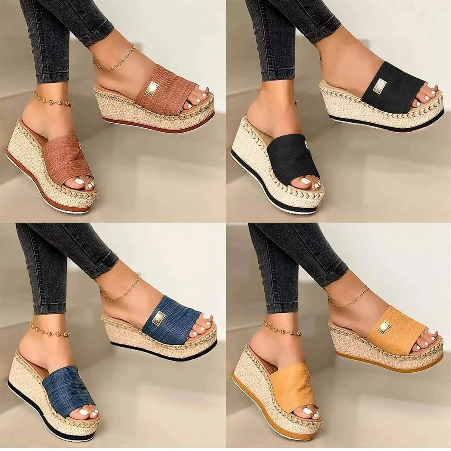 HINDOLA Womens Platform Wedge Sandals Open Toe Slip on Slide Backless Sandal Shoes Summer Espadrille Slippers Sandals