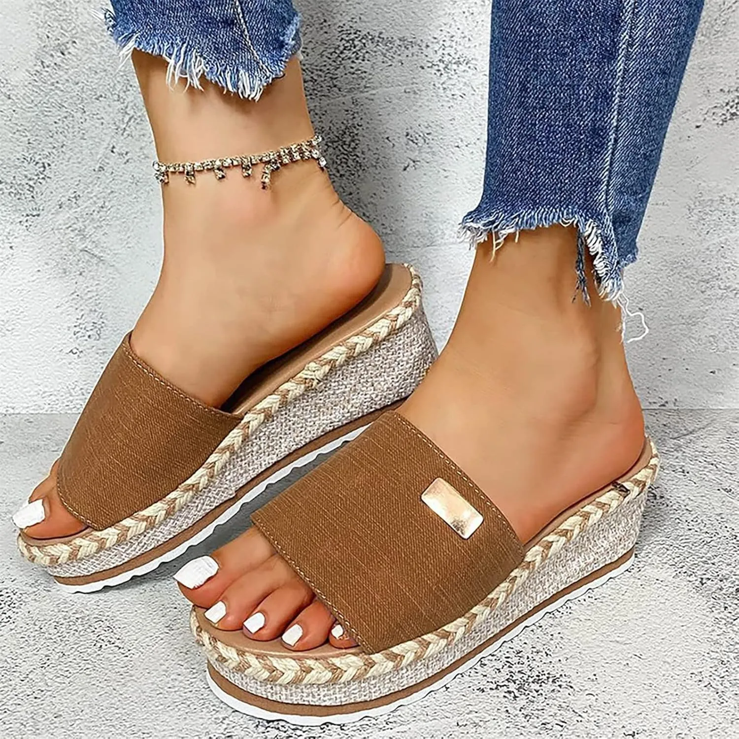 HINDOLA Womens Platform Wedge Sandals Open Toe Slip on Slide Backless Sandal Shoes Summer Espadrille Slippers Sandals