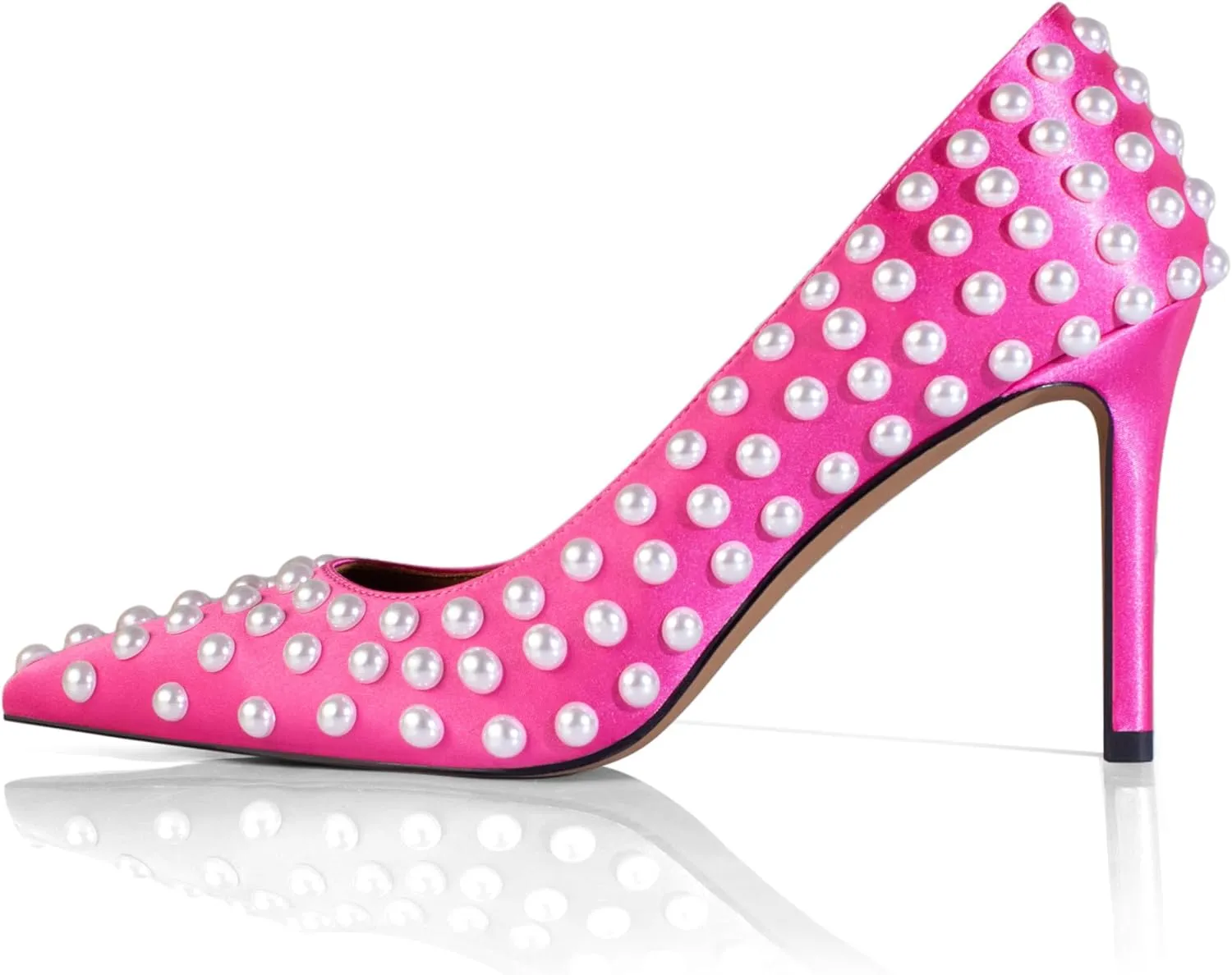 iadore Women Sexy Stiletto High Heel Pumps Chic Pearl Studded Slip-on Shoes Satin Pointed Toe Fashion Dress Pumps Size 5-12 US