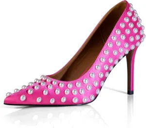 iadore Women Sexy Stiletto High Heel Pumps Chic Pearl Studded Slip-on Shoes Satin Pointed Toe Fashion Dress Pumps Size 5-12 US