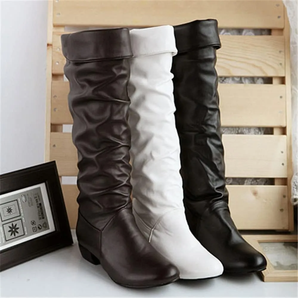 Knee High Boots for Women Round Toe Wide Calf Boots Chunky Low Heel Cowboy Boots Pull On Long Boots Winter Shoes