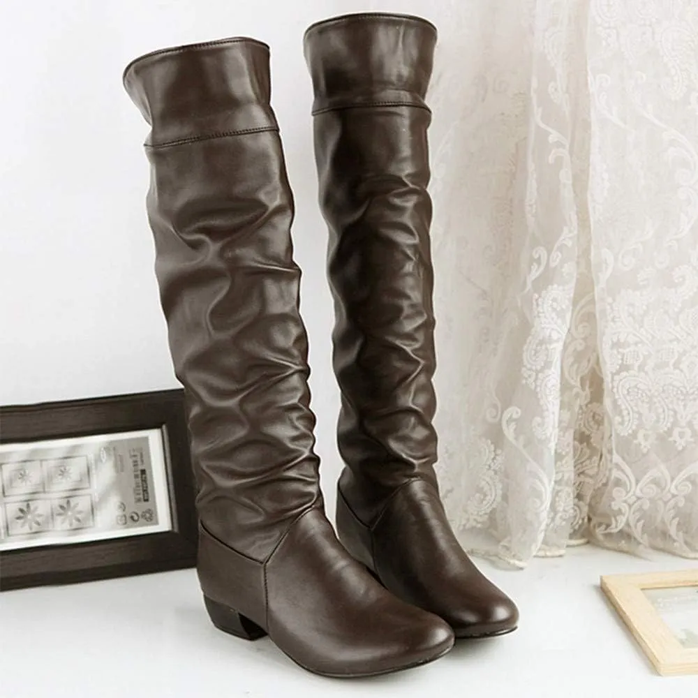 Knee High Boots for Women Round Toe Wide Calf Boots Chunky Low Heel Cowboy Boots Pull On Tall Boots Winter Shoes