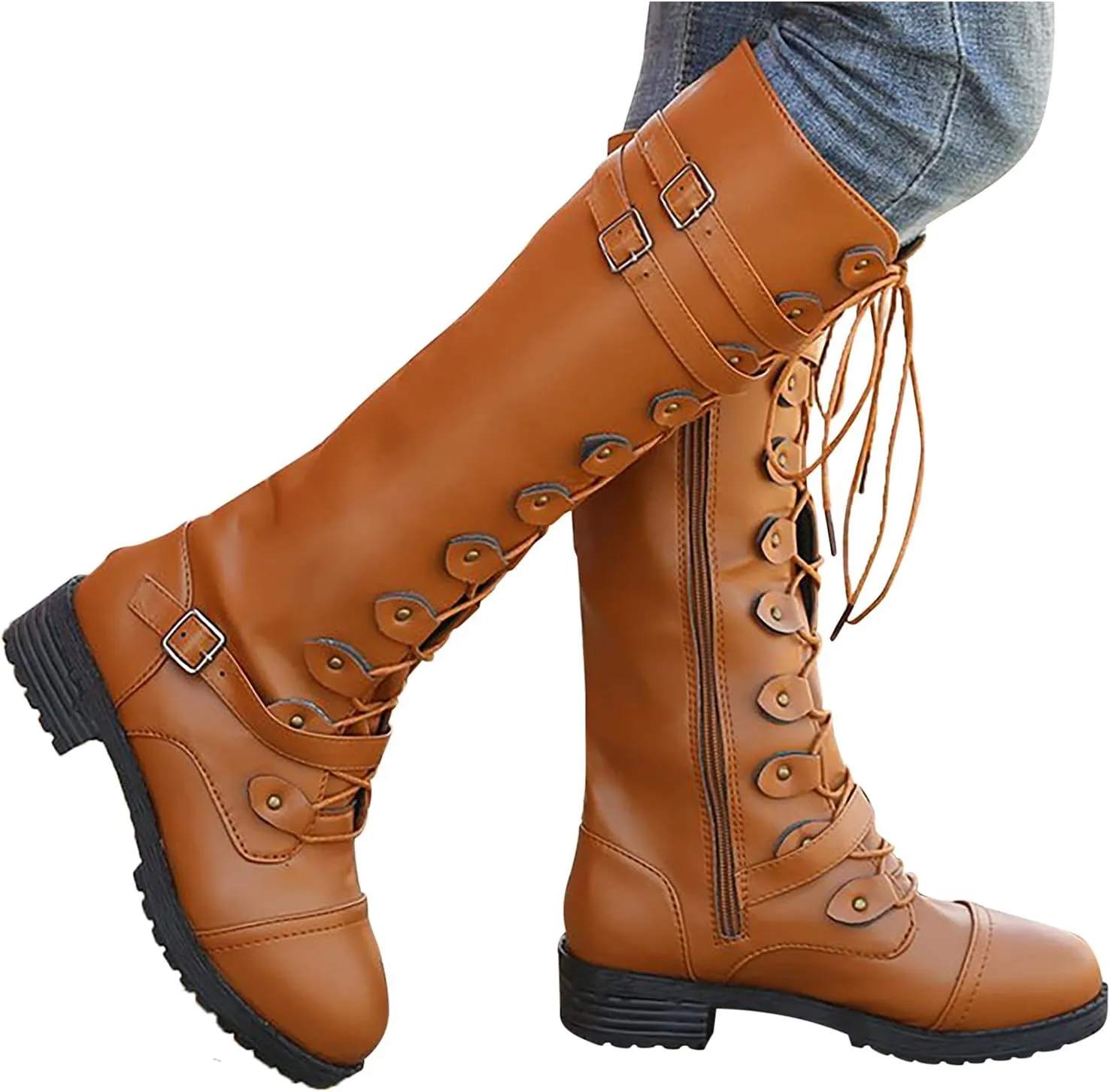 Knee High Women Combat Boots Combat Boots for Women Women's Knee High Riding Lace Up Buckle Military Combat Boots