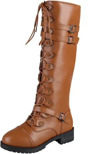 Knee High Women Combat Boots Combat Boots for Women Women's Knee High Riding Lace Up Buckle Military Combat Boots