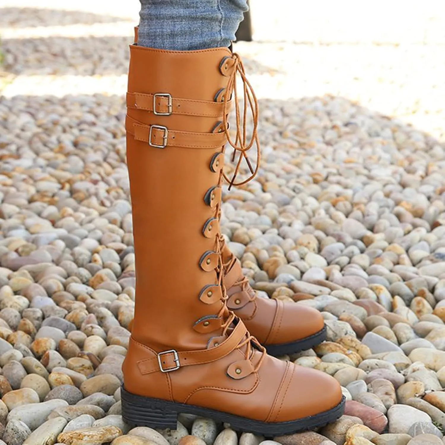 Knee High Women Combat Boots Combat Boots for Women Women's Knee High Riding Lace Up Buckle Military Combat Boots
