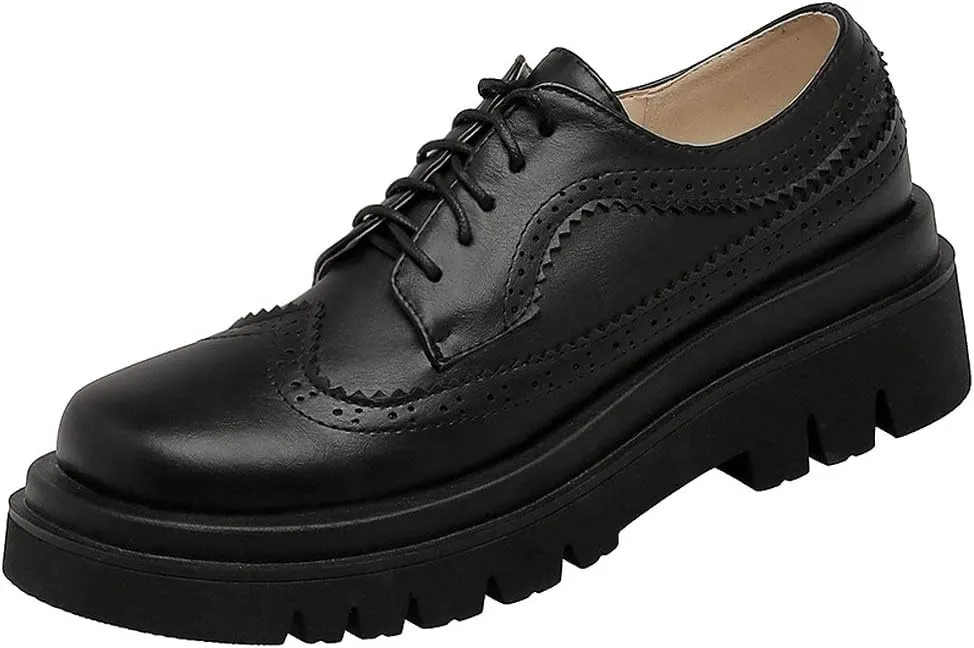 KOKOMOMO Womens Wingtip Platform Oxfords Chunky Vintage Lace Up Heels Shoes