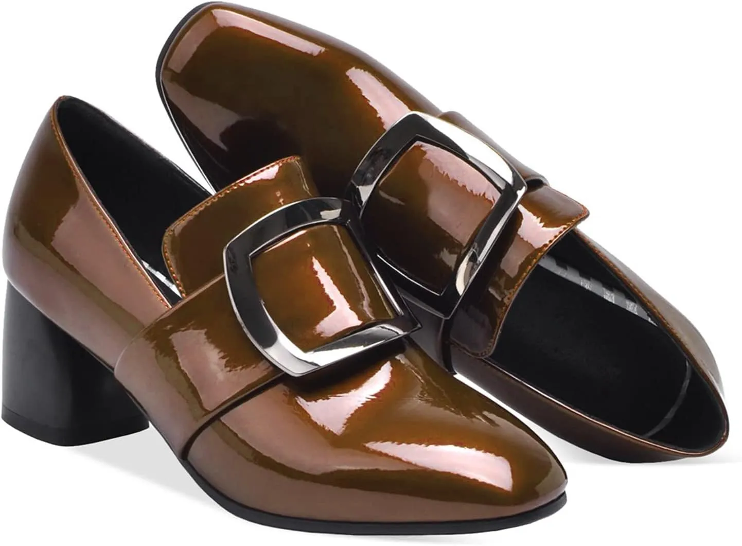 LEHOOR Women Buckle Loafers Pumps Mid Chunky Heel Round Closed Toe Oxford Loafer Pumps Patent 2 Inch Block Heel Dress Shoes Comfort Slip On Penny Loafer Heels Office Party Party 4-11 M US