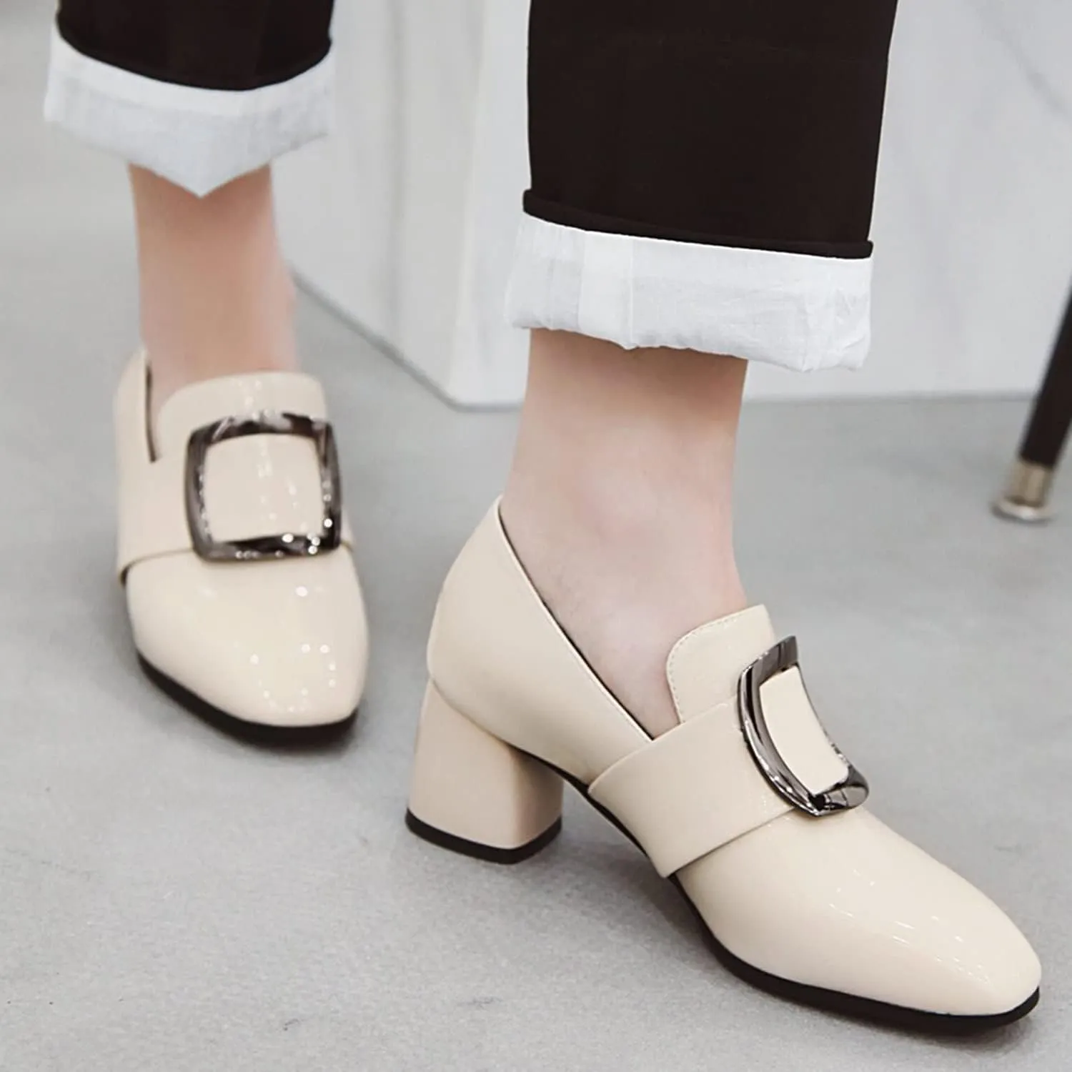 LEHOOR Women Buckle Loafers Pumps Mid Chunky Heel Round Closed Toe Oxford Loafer Pumps Patent 2 Inch Block Heel Dress Shoes Comfort Slip On Penny Loafer Heels Office Party Party 4-11 M US