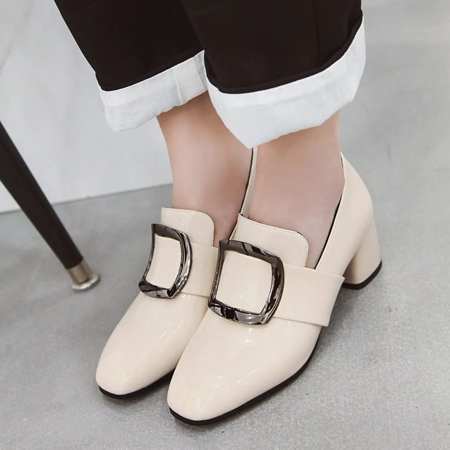 LEHOOR Women Buckle Loafers Pumps Mid Chunky Heel Round Closed Toe Oxford Loafer Pumps Patent 2 Inch Block Heel Dress Shoes Comfort Slip On Penny Loafer Heels Office Party Party 4-11 M US