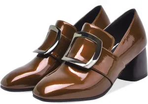 LEHOOR Women Buckle Loafers Pumps Mid Chunky Heel Round Closed Toe Oxford Loafer Pumps Patent 2 Inch Block Heel Dress Shoes Comfort Slip On Penny Loafer Heels Office Party Party 4-11 M US