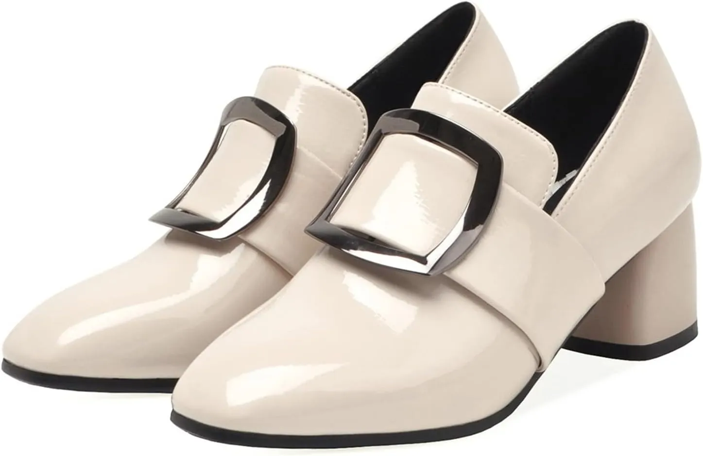 LEHOOR Women Buckle Loafers Pumps Mid Chunky Heel Round Closed Toe Oxford Loafer Pumps Patent 2 Inch Block Heel Dress Shoes Comfort Slip On Penny Loafer Heels Office Party Party 4-11 M US