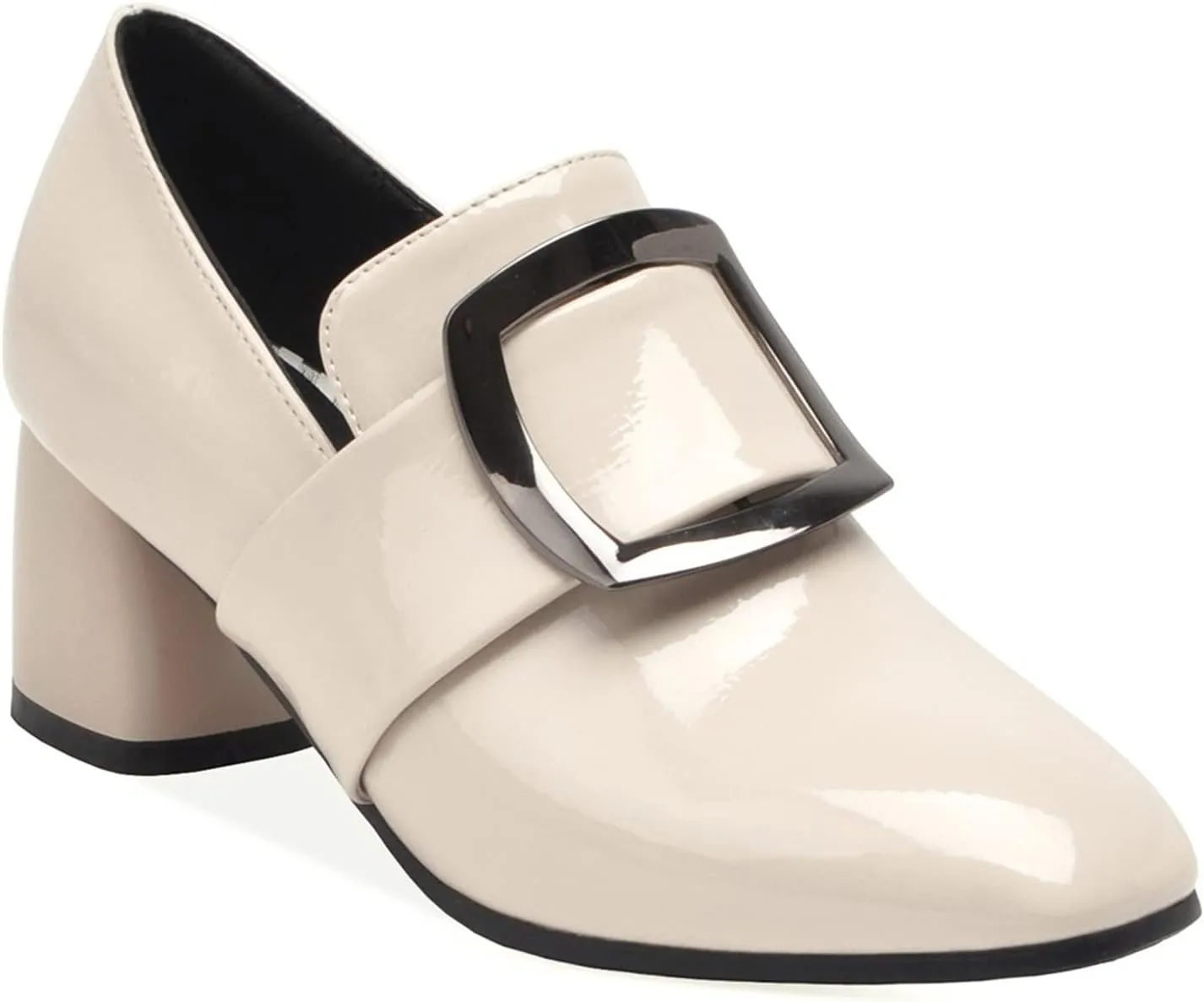 LEHOOR Women Buckle Loafers Pumps Mid Chunky Heel Round Closed Toe Oxford Loafer Pumps Patent 2 Inch Block Heel Dress Shoes Comfort Slip On Penny Loafer Heels Office Party Party 4-11 M US