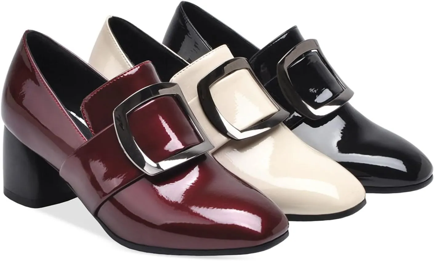 LEHOOR Women Buckle Loafers Pumps Mid Chunky Heel Round Closed Toe Oxford Loafer Pumps Patent 2 Inch Block Heel Dress Shoes Comfort Slip On Penny Loafer Heels Office Party Party 4-11 M US