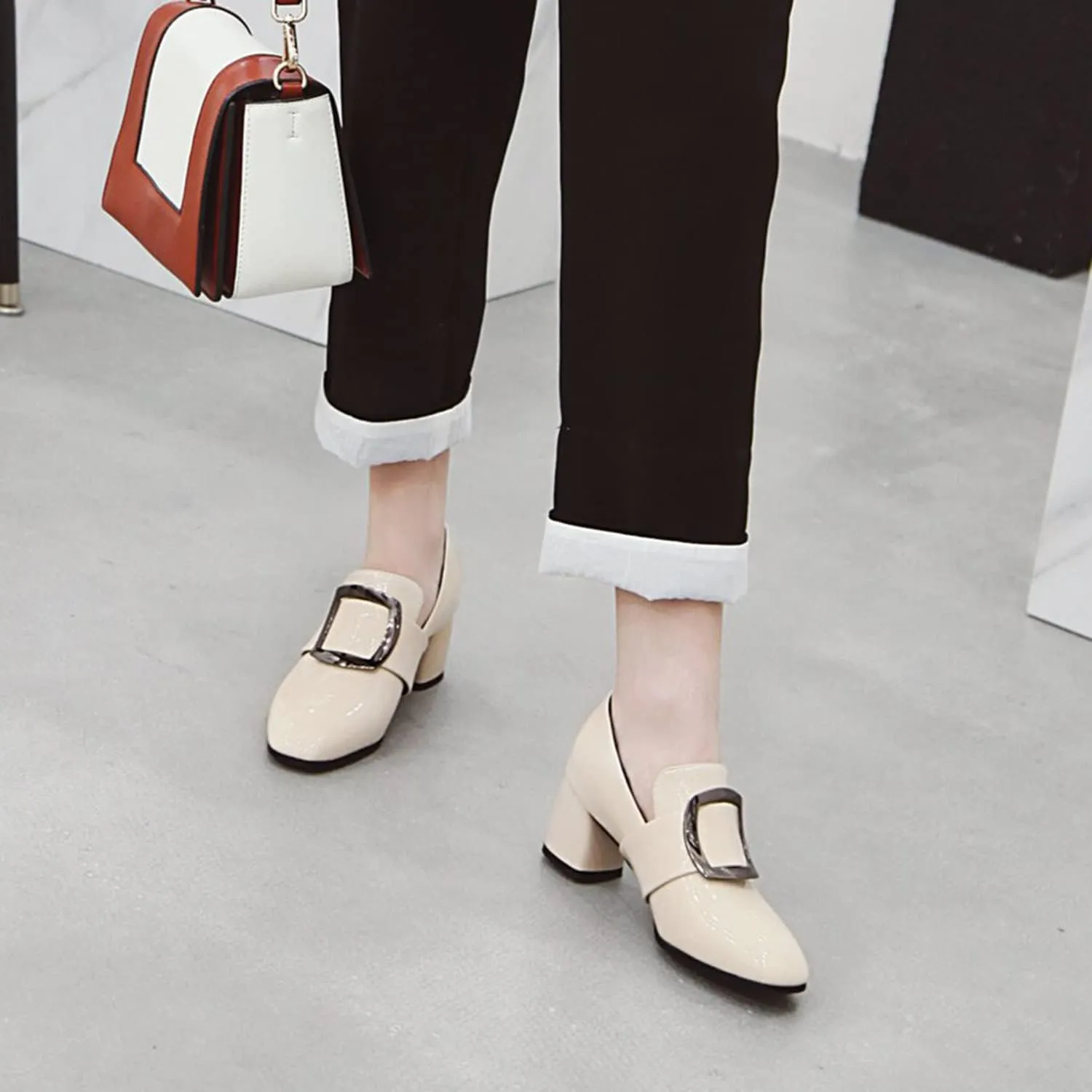 LEHOOR Women Buckle Loafers Pumps Mid Chunky Heel Round Closed Toe Oxford Loafer Pumps Patent 2 Inch Block Heel Dress Shoes Comfort Slip On Penny Loafer Heels Office Party Party 4-11 M US