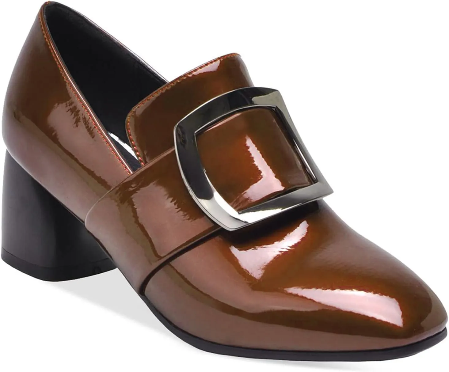 LEHOOR Women Buckle Loafers Pumps Mid Chunky Heel Round Closed Toe Oxford Loafer Pumps Patent 2 Inch Block Heel Dress Shoes Comfort Slip On Penny Loafer Heels Office Party Party 4-11 M US