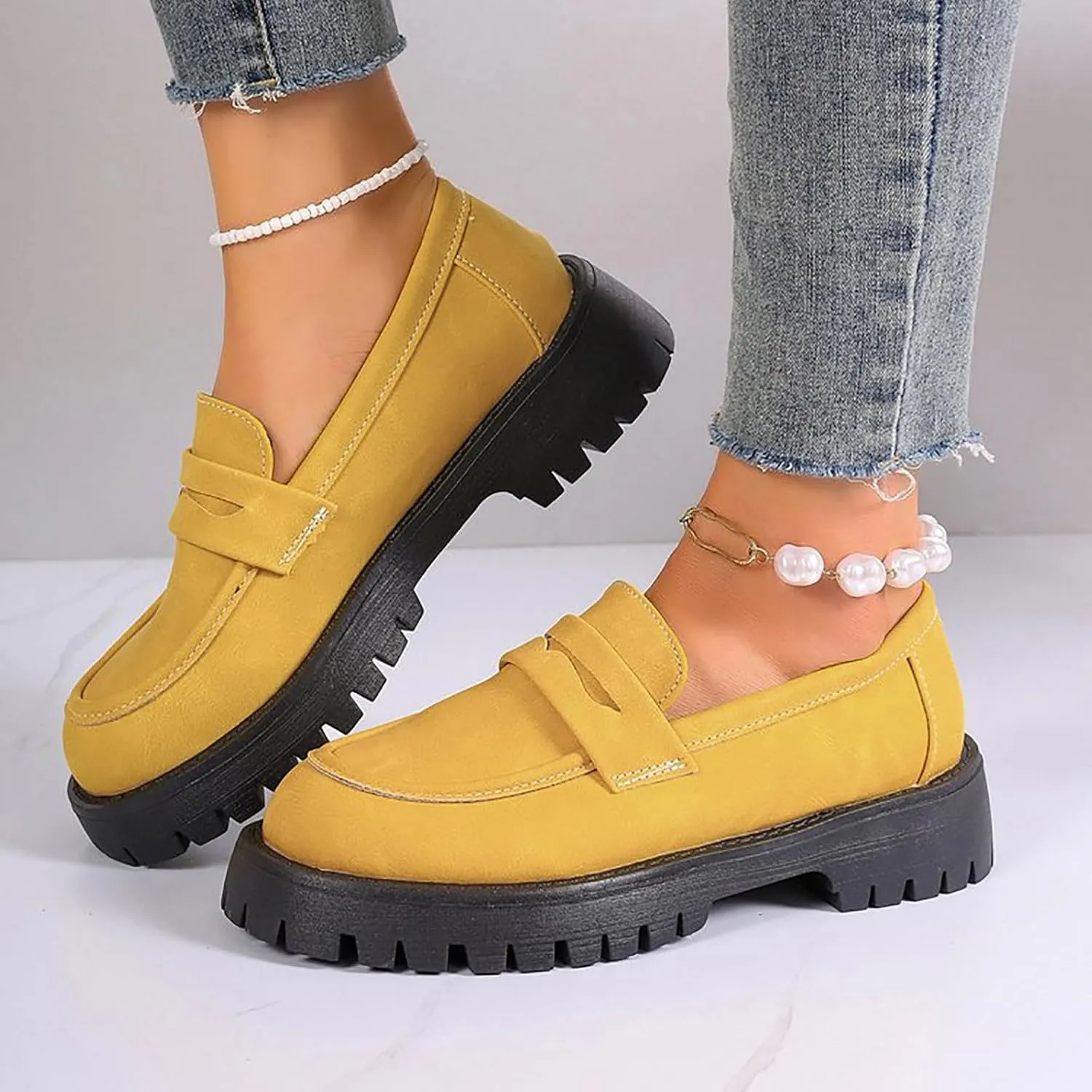 Loafers for Women 2025, Womens Loafers Comfortable Dressy Platform Chunky Penny Loafer Lug Sole Suede Loafers Slip on Work Office Business Casual Dress Shoes Ladies Loafers