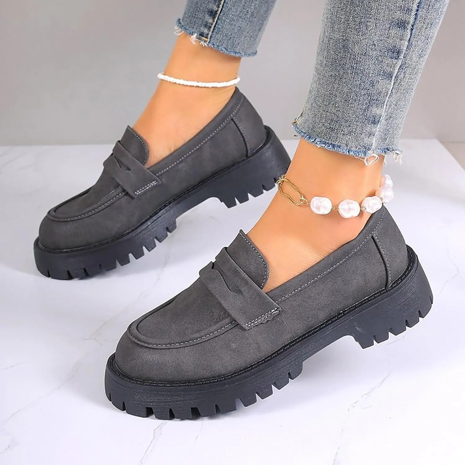 Loafers for Women 2025, Womens Loafers Comfortable Dressy Platform Chunky Penny Loafer Lug Sole Suede Loafers Slip on Work Office Business Casual Dress Shoes Ladies Loafers