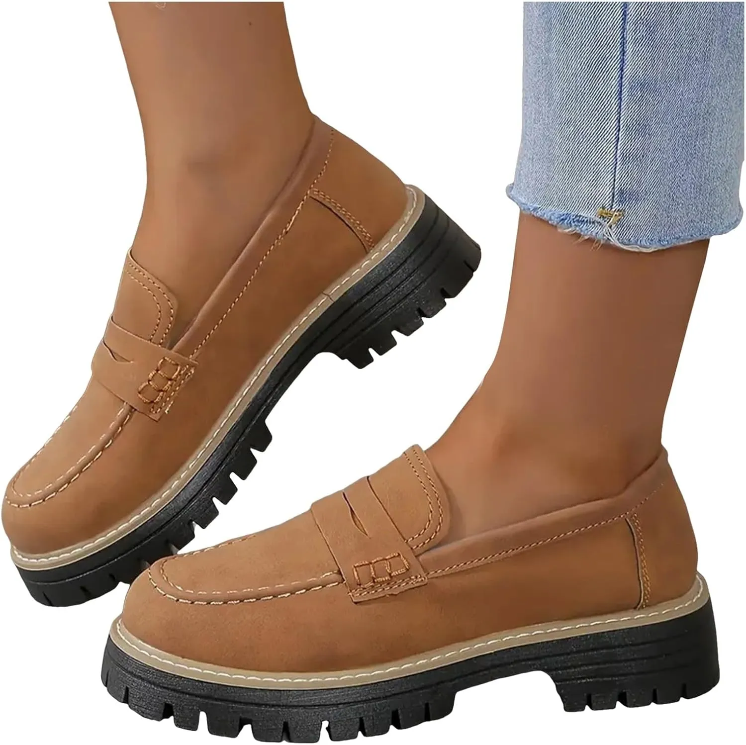 Loafers for Women 2025, Womens Loafers Comfortable Dressy Platform Chunky Penny Loafer Lug Sole Suede Loafers Slip on Work Office Business Casual Dress Shoes Ladies Loafers