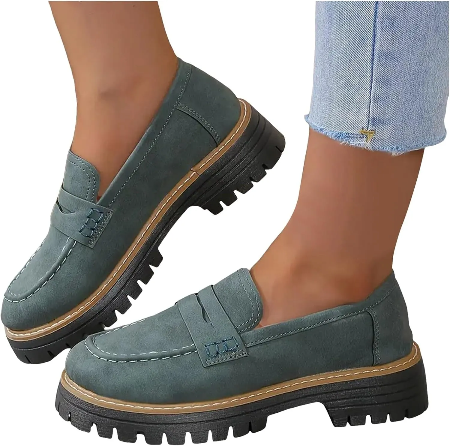 Loafers for Women 2025, Womens Loafers Comfortable Dressy Platform Chunky Penny Loafer Lug Sole Suede Loafers Slip on Work Office Business Casual Dress Shoes Ladies Loafers