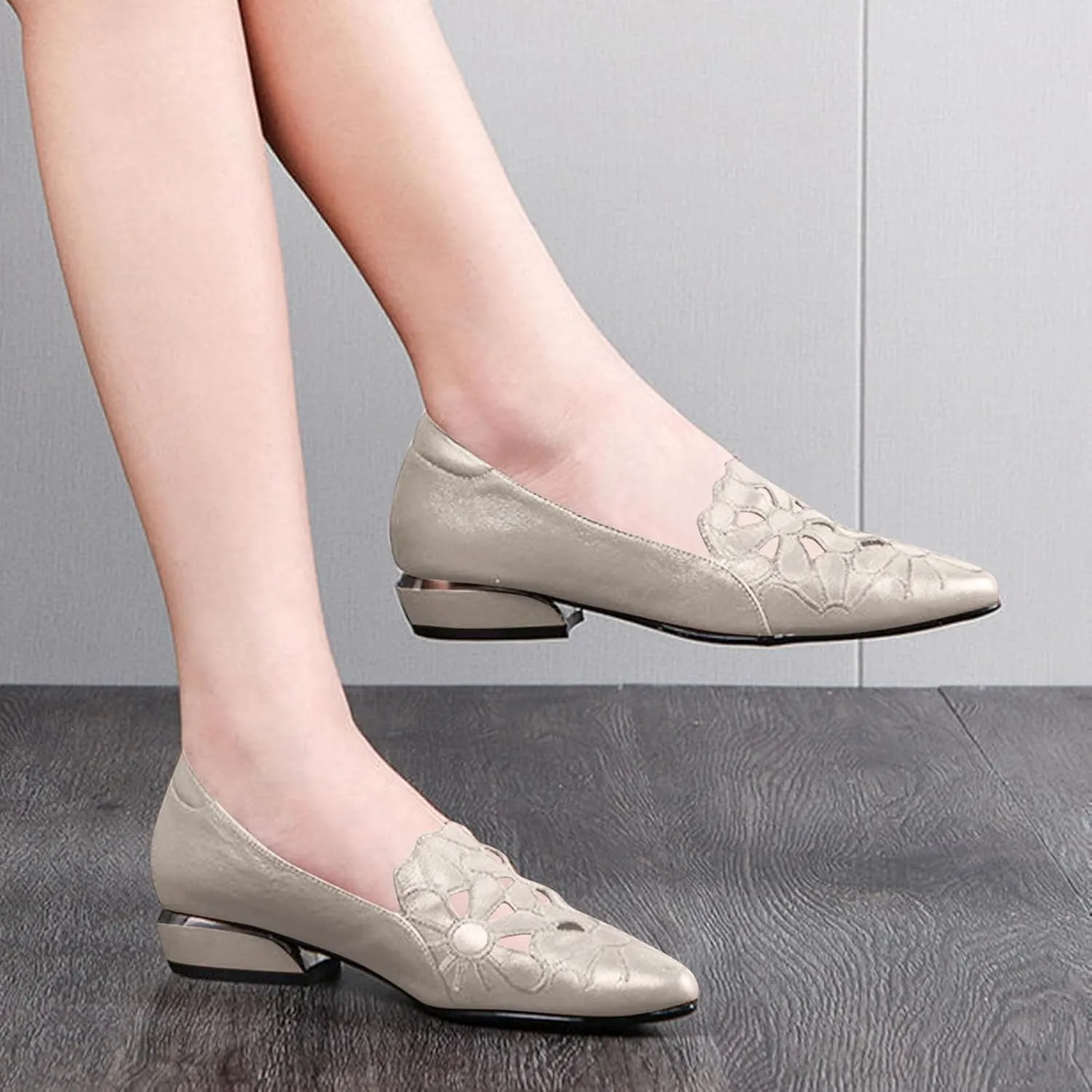 Loafers for Women Low Chunky Heels Slip On Business Casual Shoes Flower Hollow Pointed Toe Flats for Driving Dressy