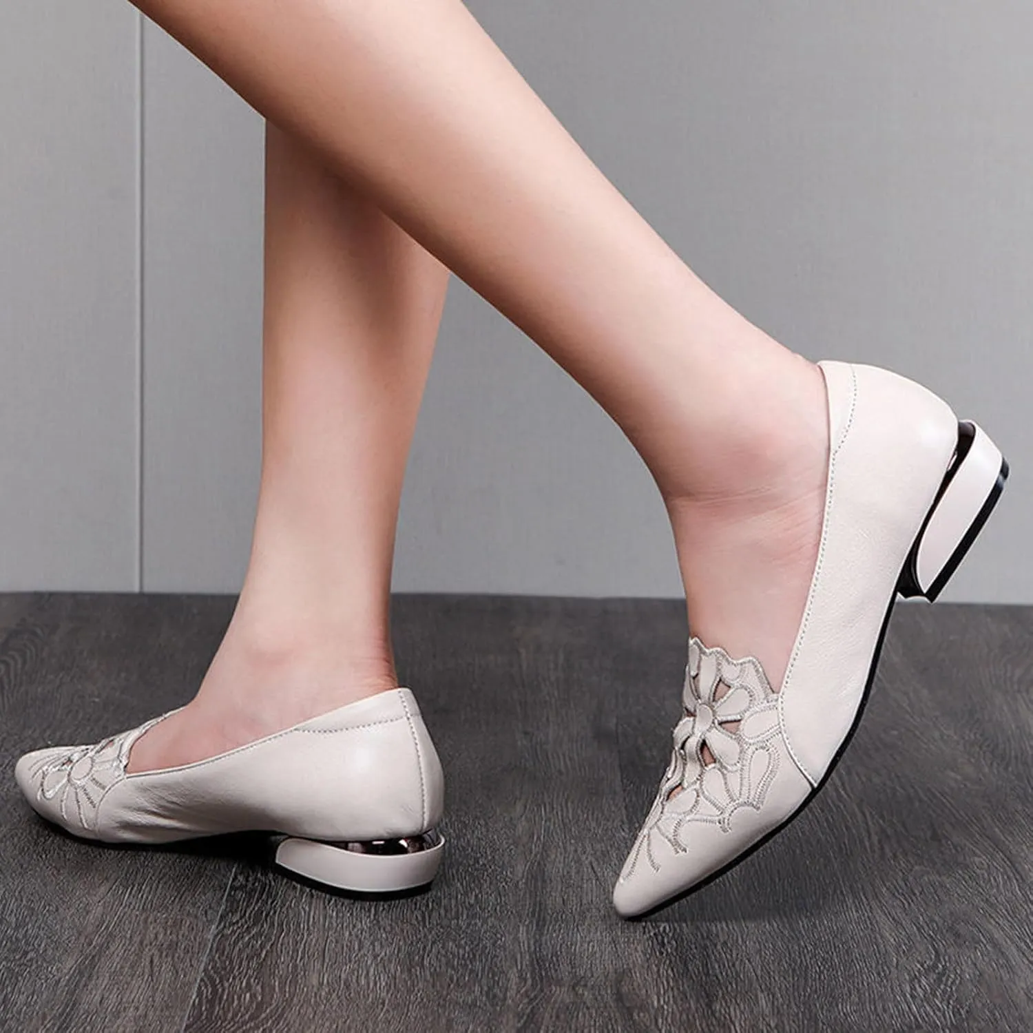 Loafers for Women Low Chunky Heels Slip On Business Casual Shoes Flower Hollow Pointed Toe Flats for Driving Dressy