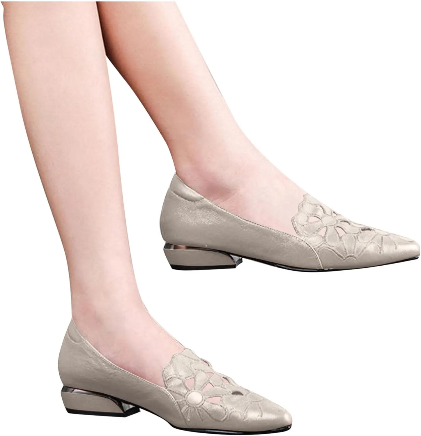 Loafers for Women Low Chunky Heels Slip On Business Casual Shoes Flower Hollow Pointed Toe Flats for Driving Dressy