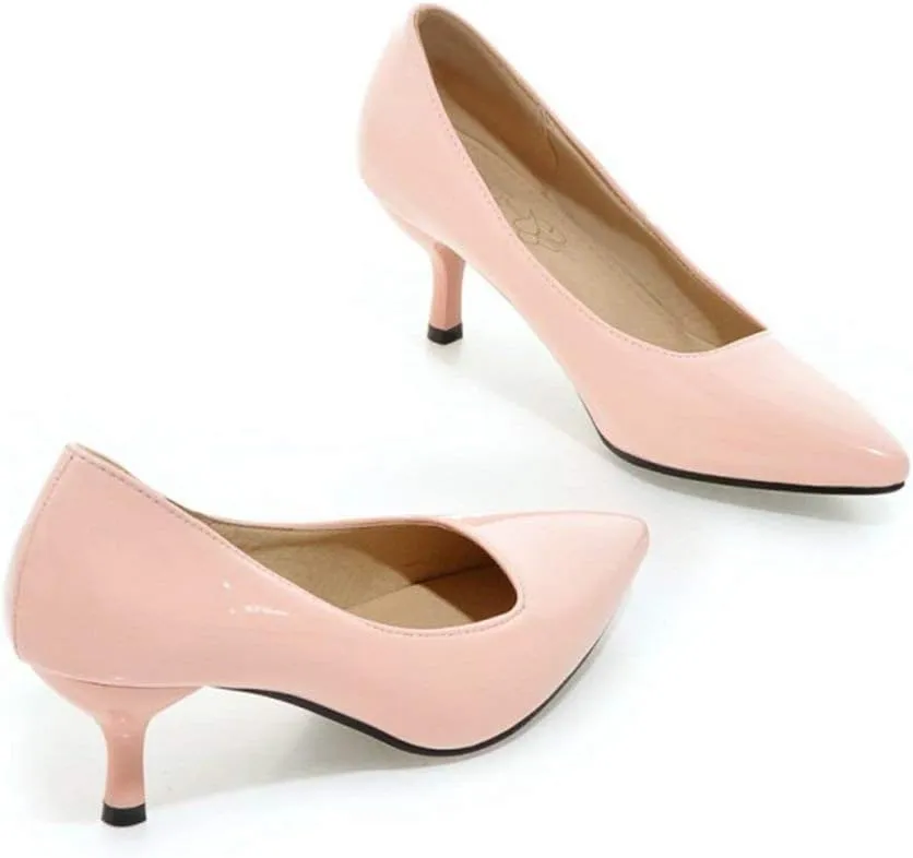 LUXMAX Women Kitten Heel Pointed Toe Pumps Patent Leather Slip On Court Shoes