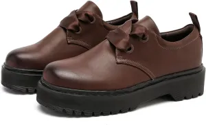 MEMON Womens Vintage Oxford Shoes,Casual Low Heel Loafers for Women,Round Toe Chunky Black Platform Oxford Shoes for Women,Comfort Dress Shoes(ME23027-BRN-10)