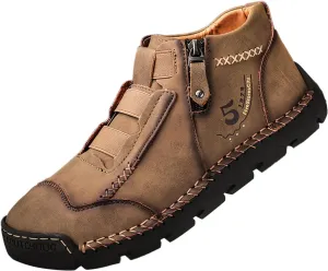 Men's British Large Casual Leather Foreign Trade Zipper Sports Shoes Sneaker Rack for Men (Khaki, 7)