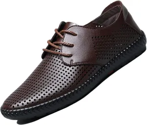 Men's Leather Lace Up Low Top Business Oxfords Shoes Hollow Breathable Casual Non-Slip Shallow Mouth Sneakers Fashion Dress Work Shoes