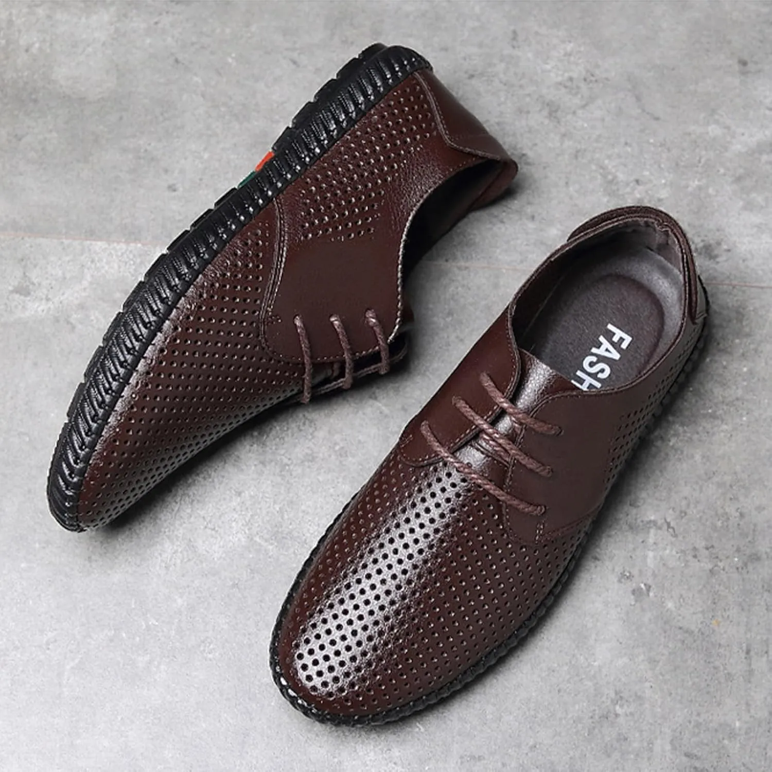 Men's Leather Lace Up Low Top Business Oxfords Shoes Hollow Breathable Casual Non-Slip Shallow Mouth Sneakers Fashion Dress Work Shoes